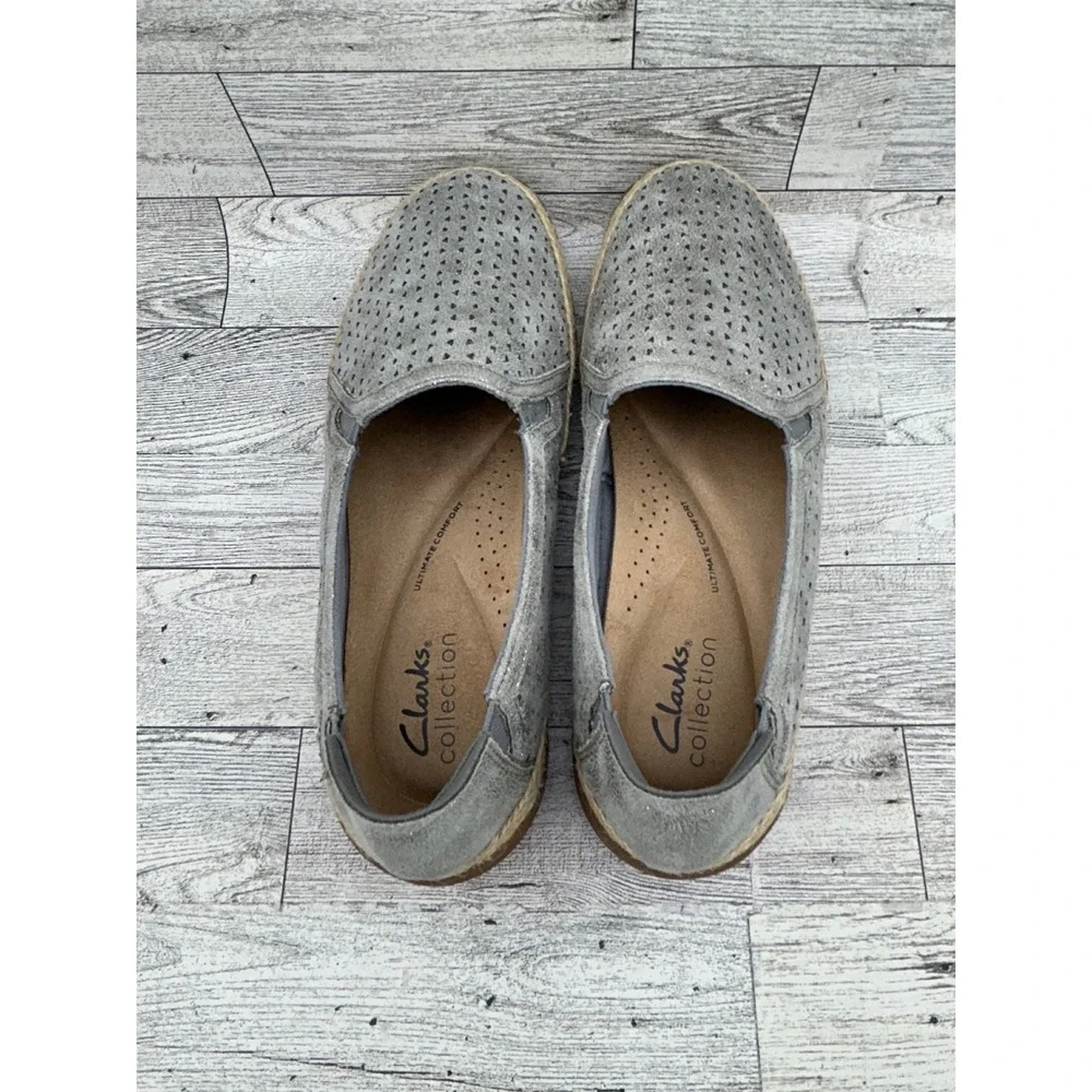 Clarks Collection Silver Metallic Perforated Espadrille Slip On Shoes Women 6.5M